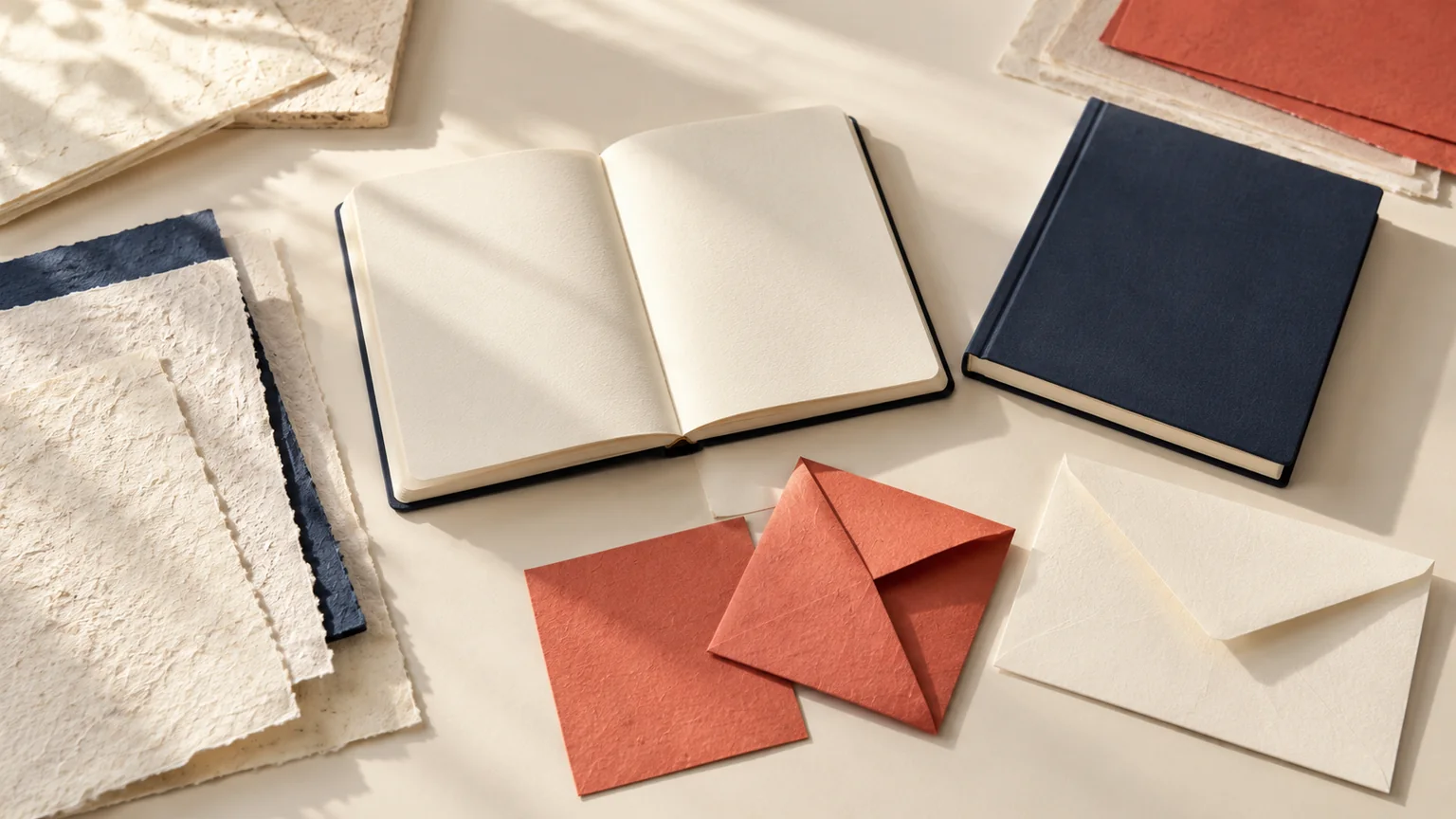Composition de feuilles écrues, corail et bleu encre, carnet ouvert et pliages sur une grande table d’atelier claire.